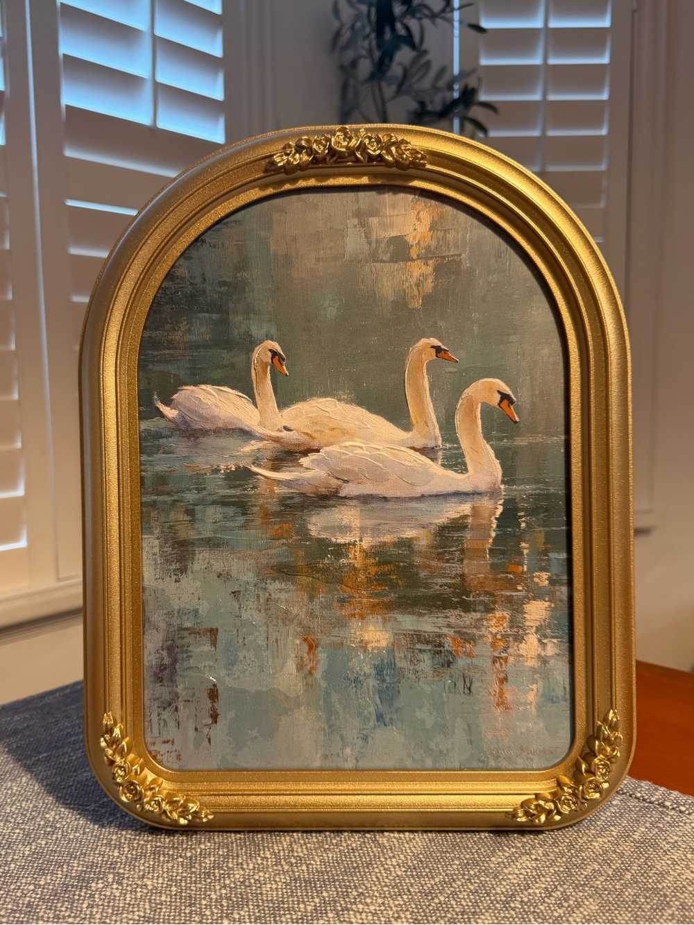 11x14 Swan Lake or Swandreams vintage oil painting inspired ornate roses frame